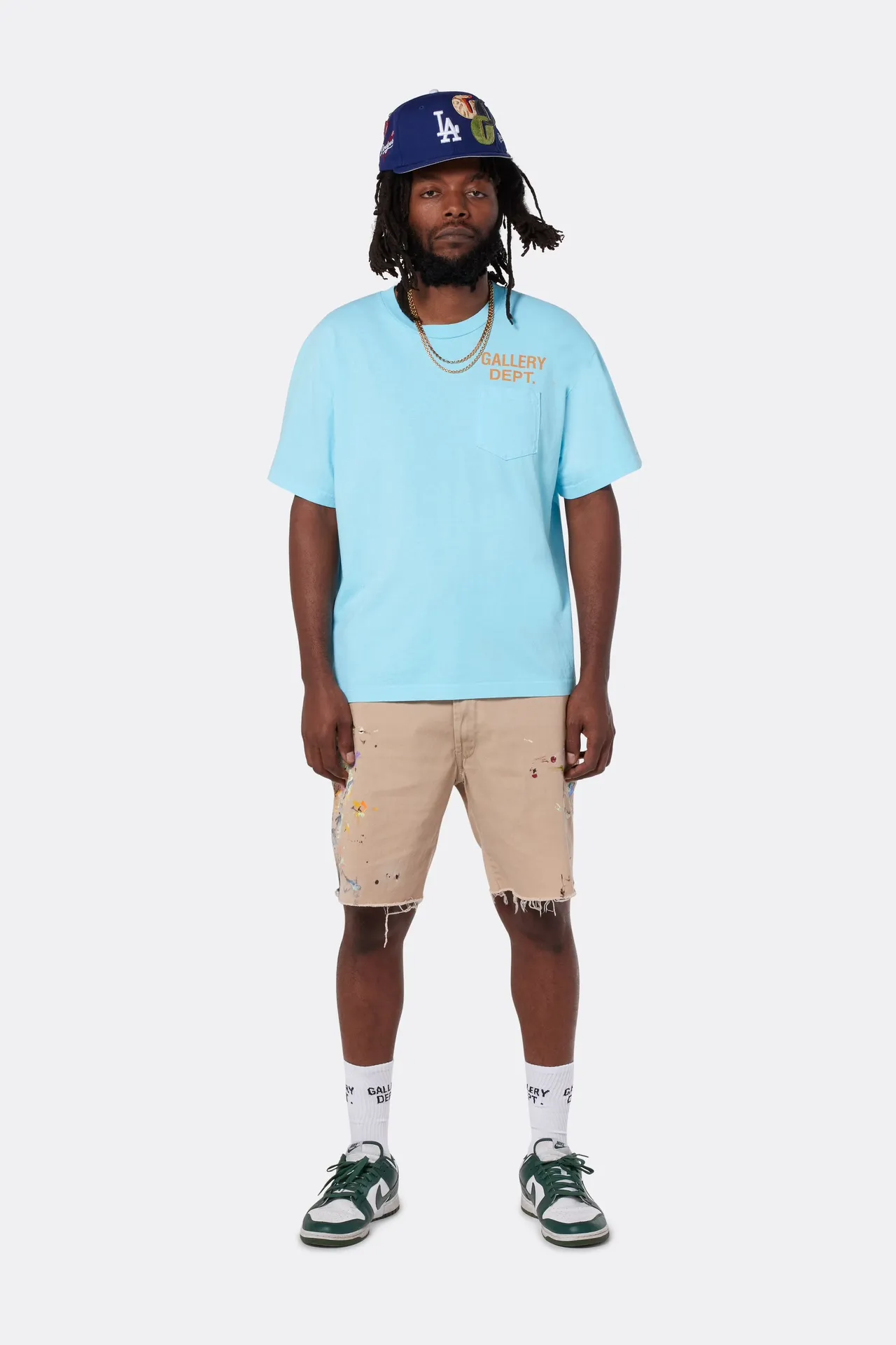 GALLERY DEPT. RICKY SHORT/KHAKI Splash-ink knife-cut khaki work shorts, khaki color 30-32-34-36 code, re-adjusted version, re-washed to make old VINTAGE, hand-made acrylic splash-ink graffiti, genuine cowhide steel stamped LOGO leather tag, original version with LOGO buttons